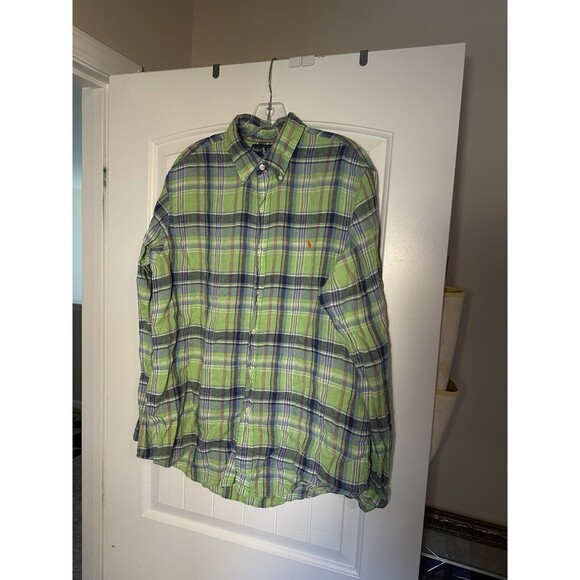 Ralph Lauren Mens 100% Linen Plaid Shirt Sz L Button down classic ocean wash - Picture 1 of 5